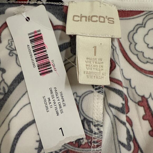 Chico’s Trapeze Slinky Knit Dress Size 1 M Black White Red Paisley Stretch NEW - Picture 6 of 10